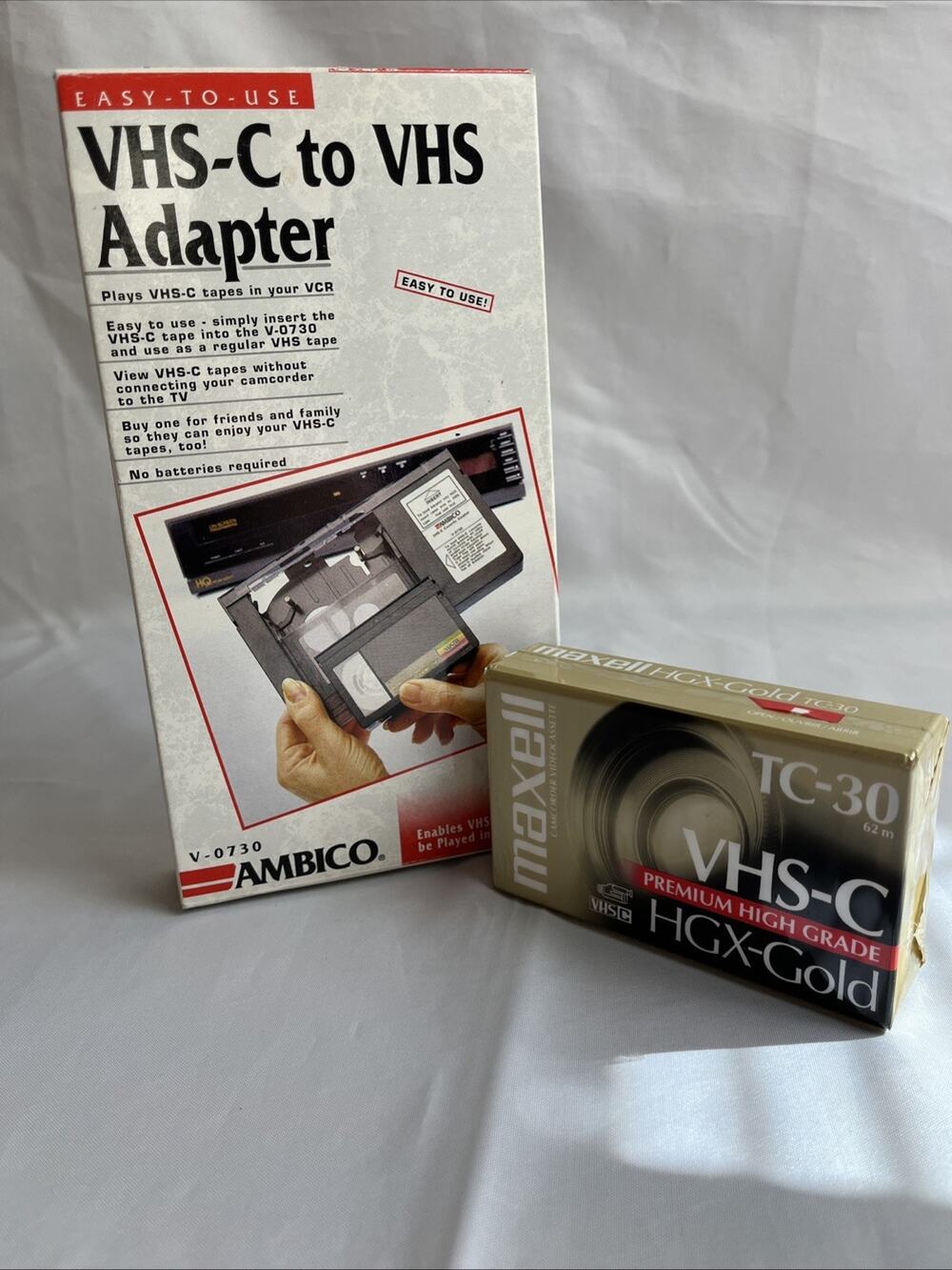 Ambico VHS-C to VHS Adapter V-0730 in Original Box + 1 Maxwell HGX-Gold Cassette